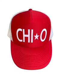 Chi Omega Red with White Trucker