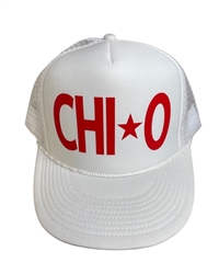 Chi Omega White with Red Trucker