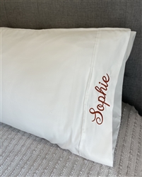 White Script Pillowcase - Burnt Orange Thread