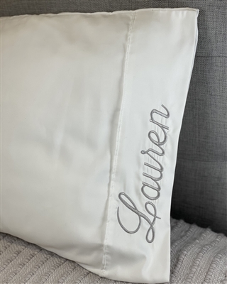 White Pillowcase with Script - Gray Thread