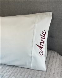 White Script Pillowcase - Burgundy Thread