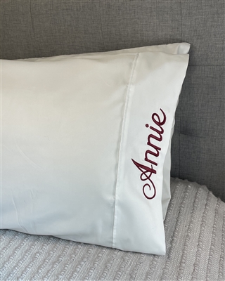 White Script Pillowcase - Burgundy Thread